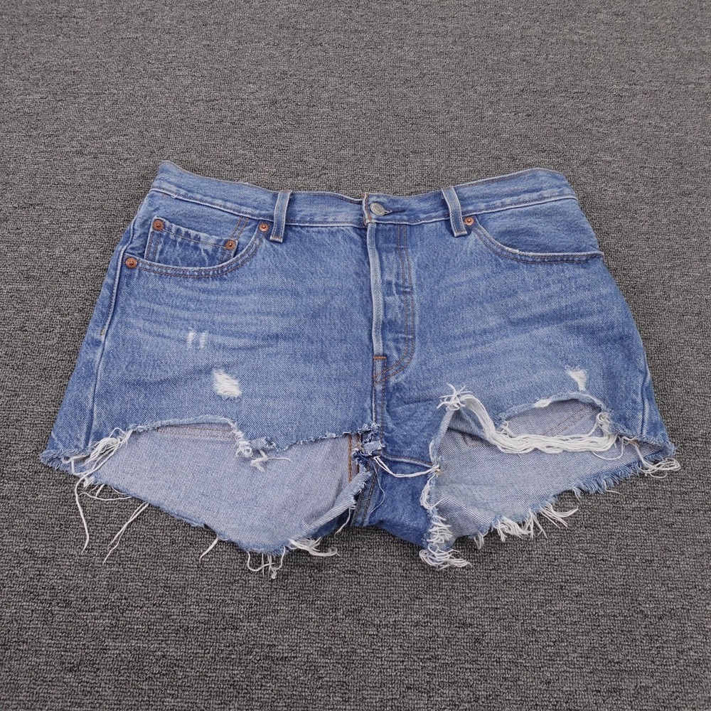 Levi's 501 Shorts Womens W29 Blue Denim High Rise Button Fly Distressed Cutoff